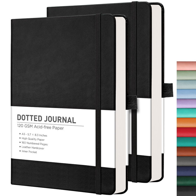 RETTACY Bullet Dotted Journal Notebook, 2-Pack, 160 Numbered Pages per Pack, A5 Medium Size (5.7'' x 8.3''), 120 GSM Thick Paper, Leather Hardcover, for Bullet Journaling (Black & Black) - Image 1